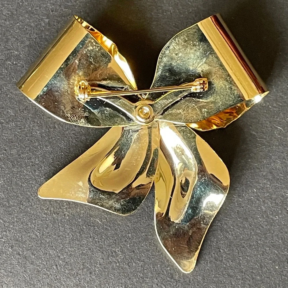 Vintage Antique Gold Tone Ribbon Bow Brooch Pin Large Jeweled Girly Feminine - Picture 2 of 2
